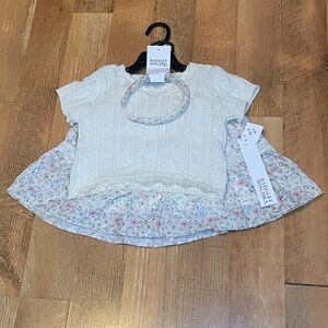 Badgley Mischka 4T 🌷White Cream Floral Kids Tee Skort Headband Set Lace Trim
